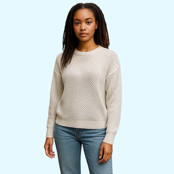 Vince Optic White Cotton Open Weave Crochet Knit Crew Neck Sweater Small - Picture 11 of 11